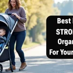 The image shows a versatile baby stroller organizer with multiple pockets, ideal for parents.